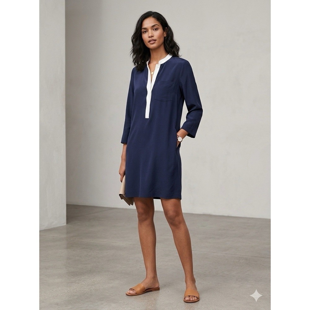 J.Crew Dress 2 Navy Blue Silk Color-block Piped Popover Shift Shirtdress